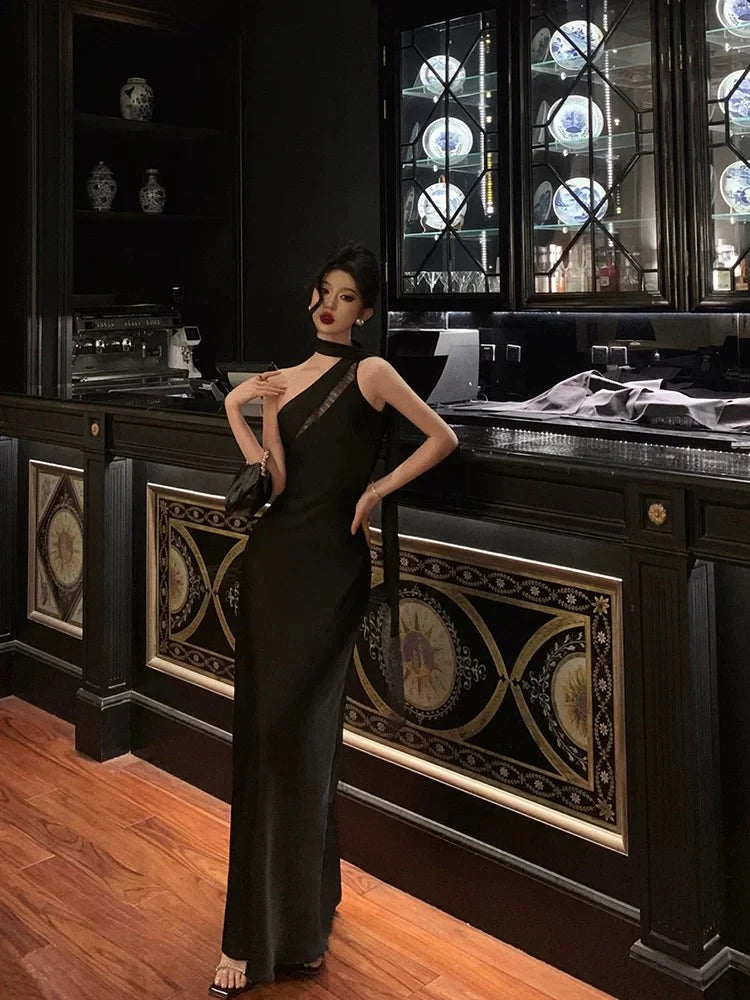 Alluring Mermaid One-Shoulder Satin-Trim Black Satin Long Evening Dresses