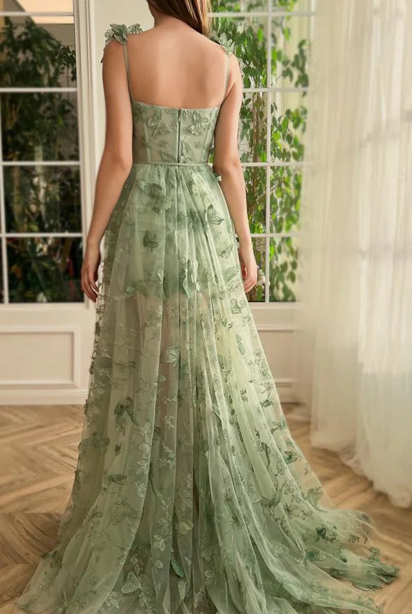 Artistic Romantic Sleeveless Tulle Butterfly Long Green Prom Dress
