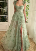Artistic Romantic Sleeveless Tulle Butterfly Long Green Prom Dress