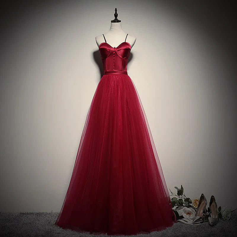Chic A-Line Sweetheart Sleeveless Satin-Bodice Tulle Burgundy Red Long Prom Dress