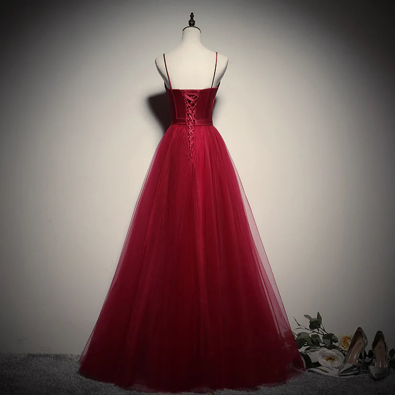 Chic A-Line Sweetheart Sleeveless Satin-Bodice Tulle Burgundy Red Long Prom Dress