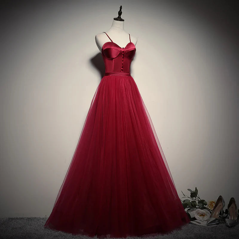 Chic A-Line Sweetheart Sleeveless Satin-Bodice Tulle Burgundy Red Long Prom Dress