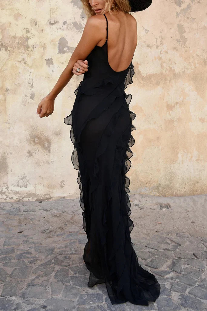 Chic Fitted Deep V-neck Sleeveless Ruffled Black Floor-length Prom Dress