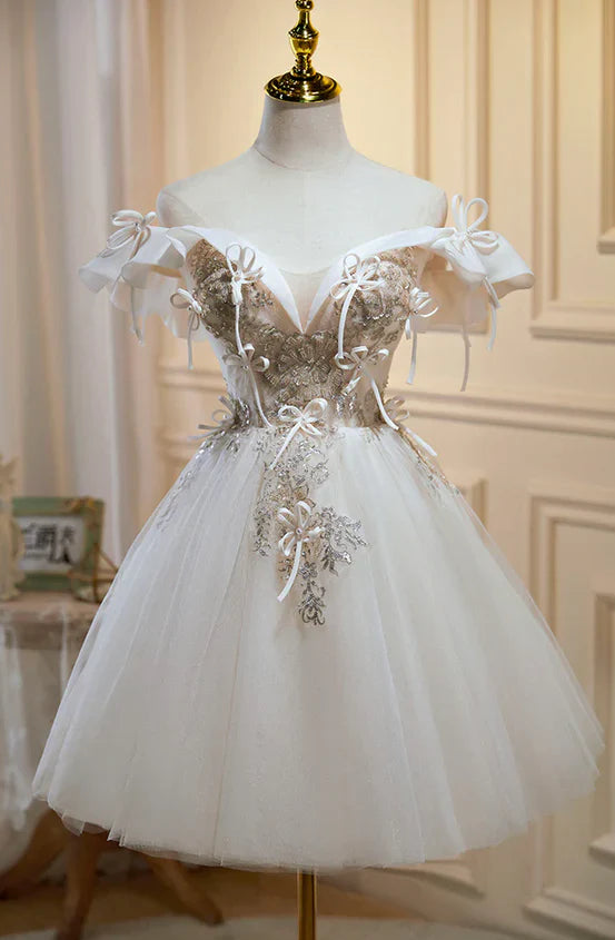 Charming A-Line Off-the-shoulder Sleeveless Bow-Embellished White Mini Prom Dress