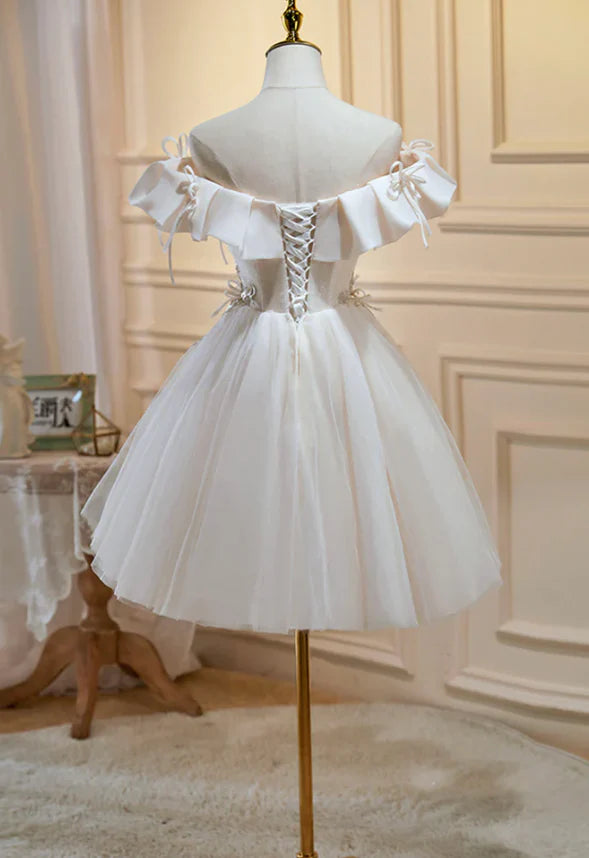 Charming A-Line Off-the-shoulder Sleeveless Bow-Embellished White Mini Prom Dress