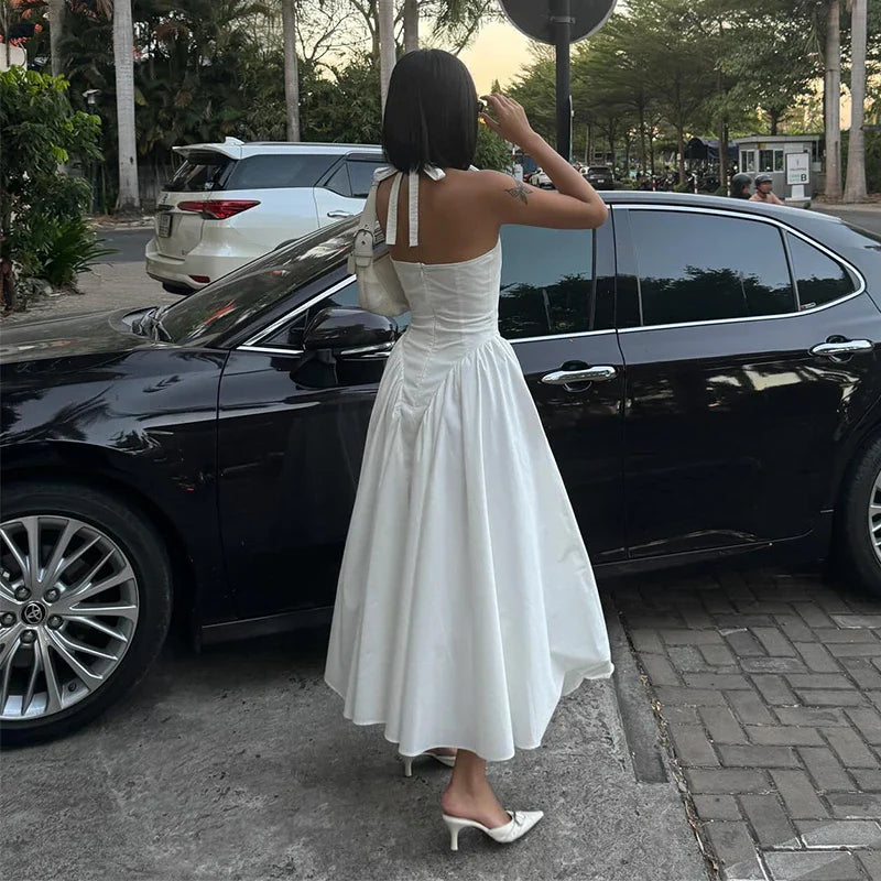 Chic A-Line Halter-Neck Sleeveless Pleated White Long Prom Dress