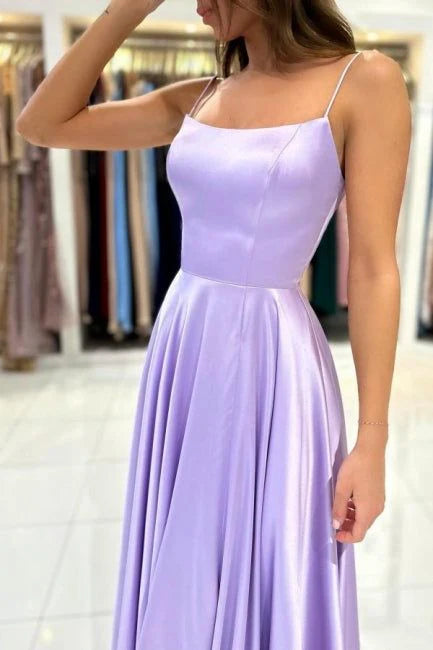 Chic A-Line Square-Neck Sleeveless Satin Lavender Long Prom Dresses