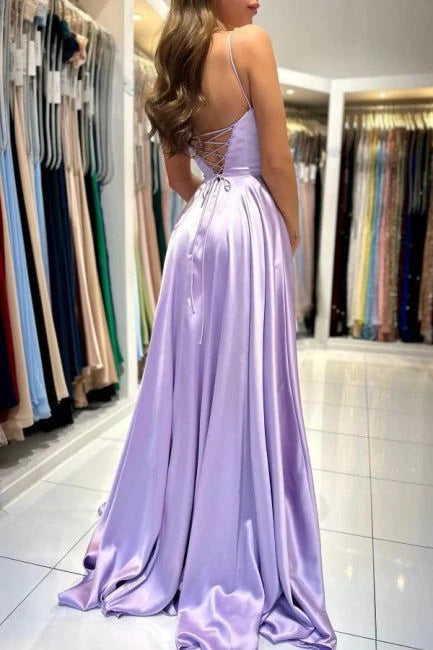 Chic A-Line Square-Neck Sleeveless Satin Lavender Long Prom Dresses