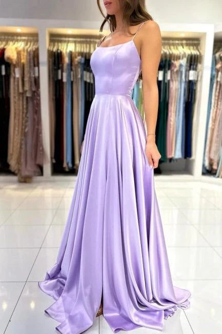 Chic A-Line Square-Neck Sleeveless Satin Lavender Long Prom Dresses