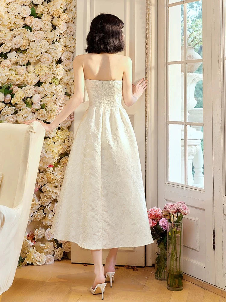 Chic A-Line Strapless Sleeveless Textured White Jacquard Midi Prom Dresses