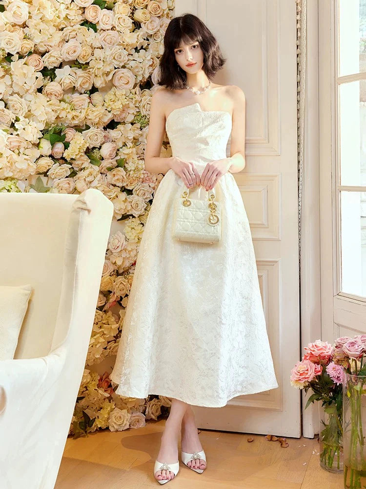 Chic A-Line Strapless Sleeveless Textured White Jacquard Midi Prom Dresses