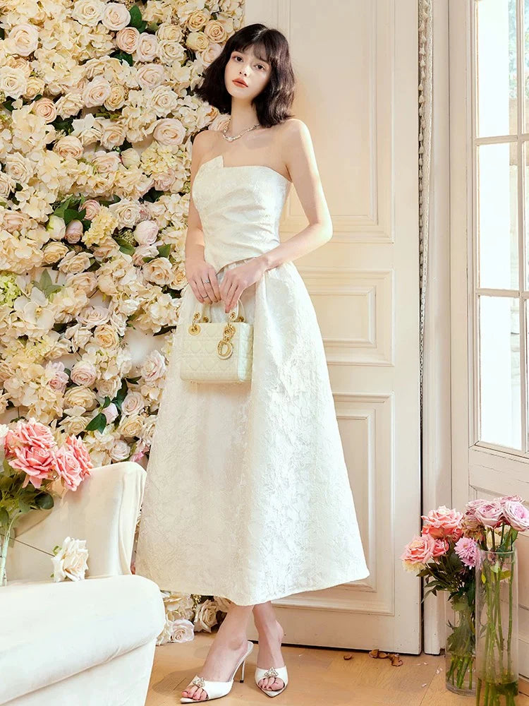 Chic A-Line Strapless Sleeveless Textured White Jacquard Midi Prom Dresses