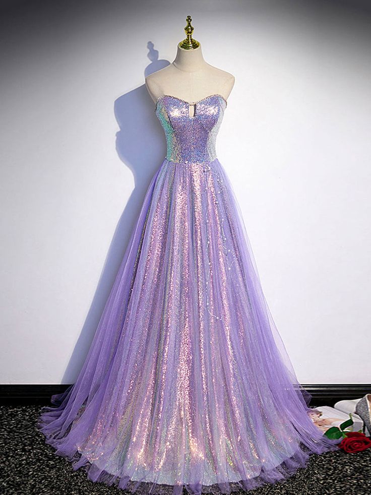 Dazzling A-Line Sweetheart Sleeveless Iridescent Lavender Sequin Evening Dresses