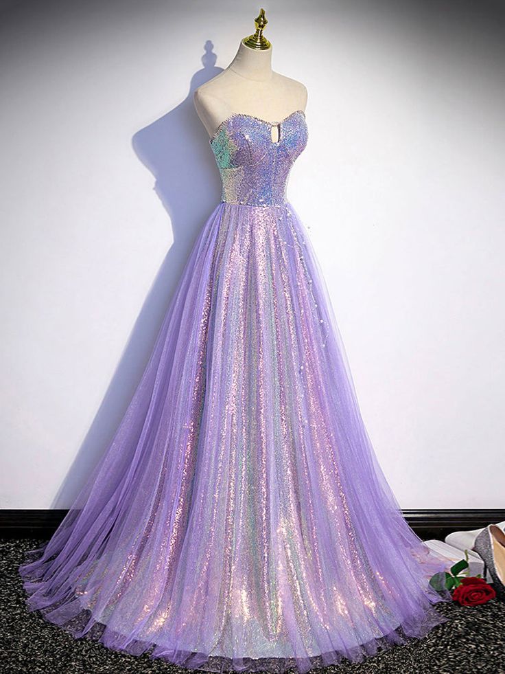 Dazzling A-Line Sweetheart Sleeveless Iridescent Lavender Sequin Evening Dresses