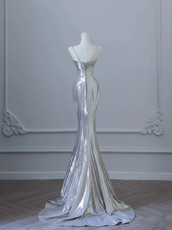 Dazzling Mermaid Square-Neck Draped Silver Metallic Long Prom Dresses