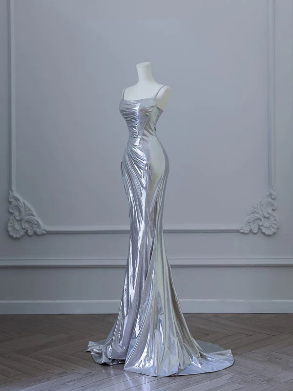 Dazzling Mermaid Square-Neck Draped Silver Metallic Long Prom Dresses