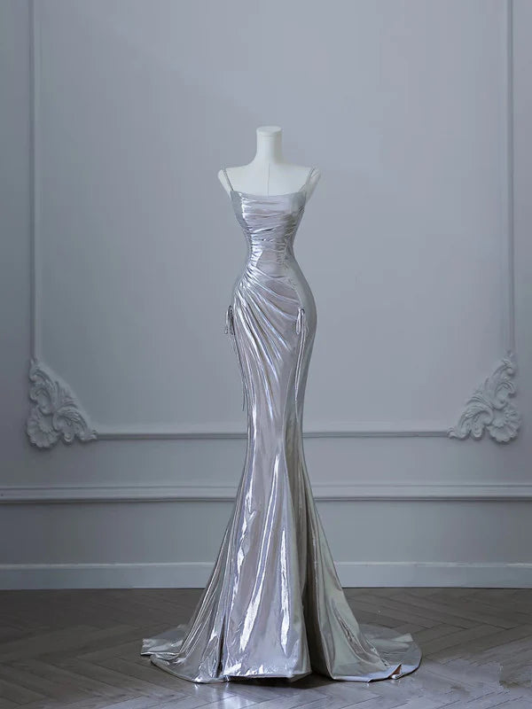 Dazzling Mermaid Square-Neck Draped Silver Metallic Long Prom Dresses