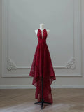 Dramatic A-Line Halter-Neck Sequin Burgundy Tulle Long Evening Dresses