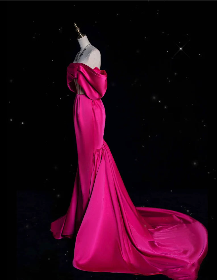 Dramatic Mermaid Off-Shoulder Cutout Hot Pink Satin Long Prom Dresses