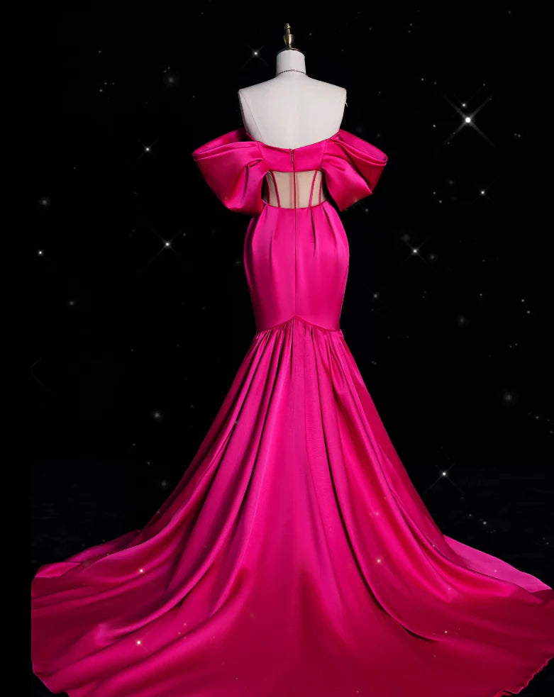 Dramatic Mermaid Off-Shoulder Cutout Hot Pink Satin Long Prom Dresses