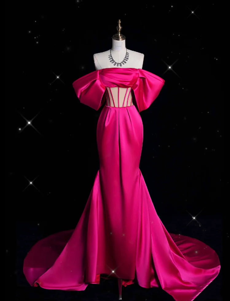 Dramatic Mermaid Off-Shoulder Cutout Hot Pink Satin Long Prom Dresses