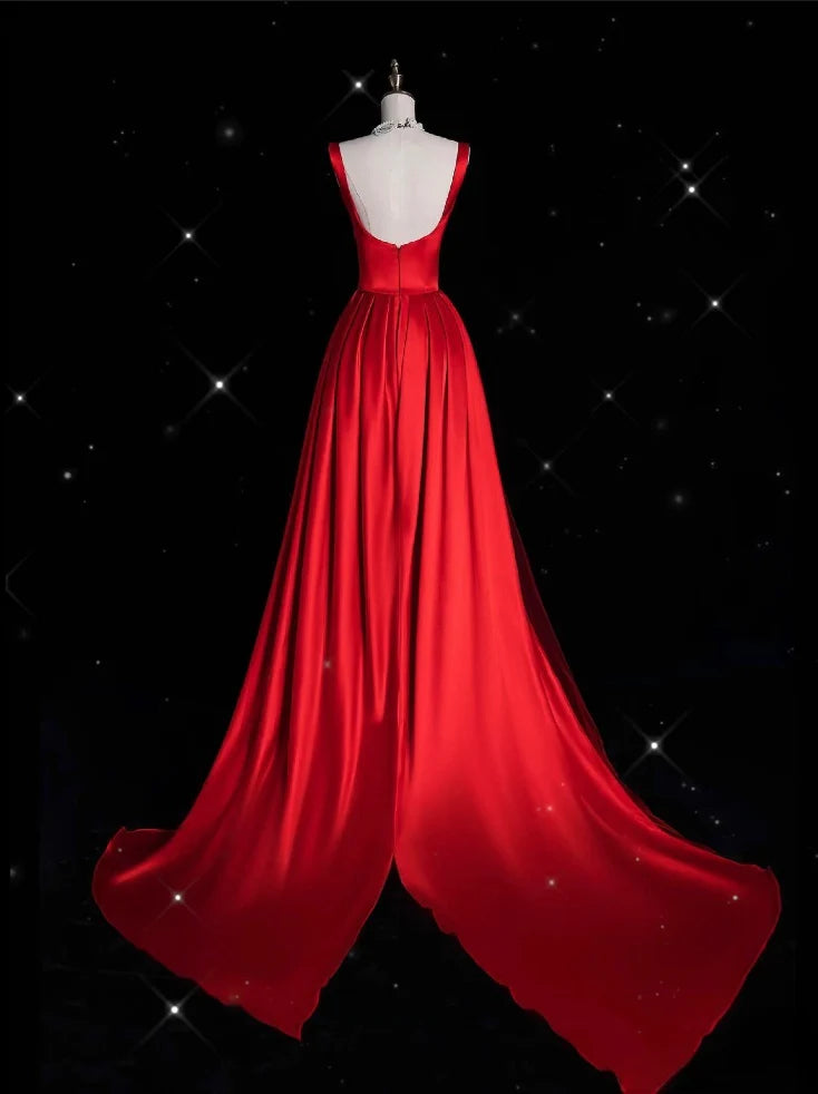 Dramatic Mermaid Square-Neck Draped Ruby Red Satin Long Prom Dresses