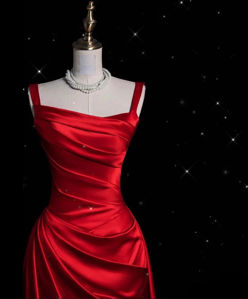 Dramatic Mermaid Square-Neck Draped Ruby Red Satin Long Prom Dresses