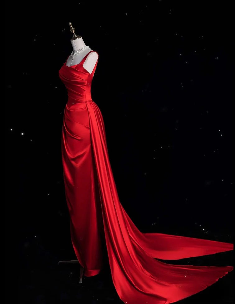 Dramatic Mermaid Square-Neck Draped Ruby Red Satin Long Prom Dresses