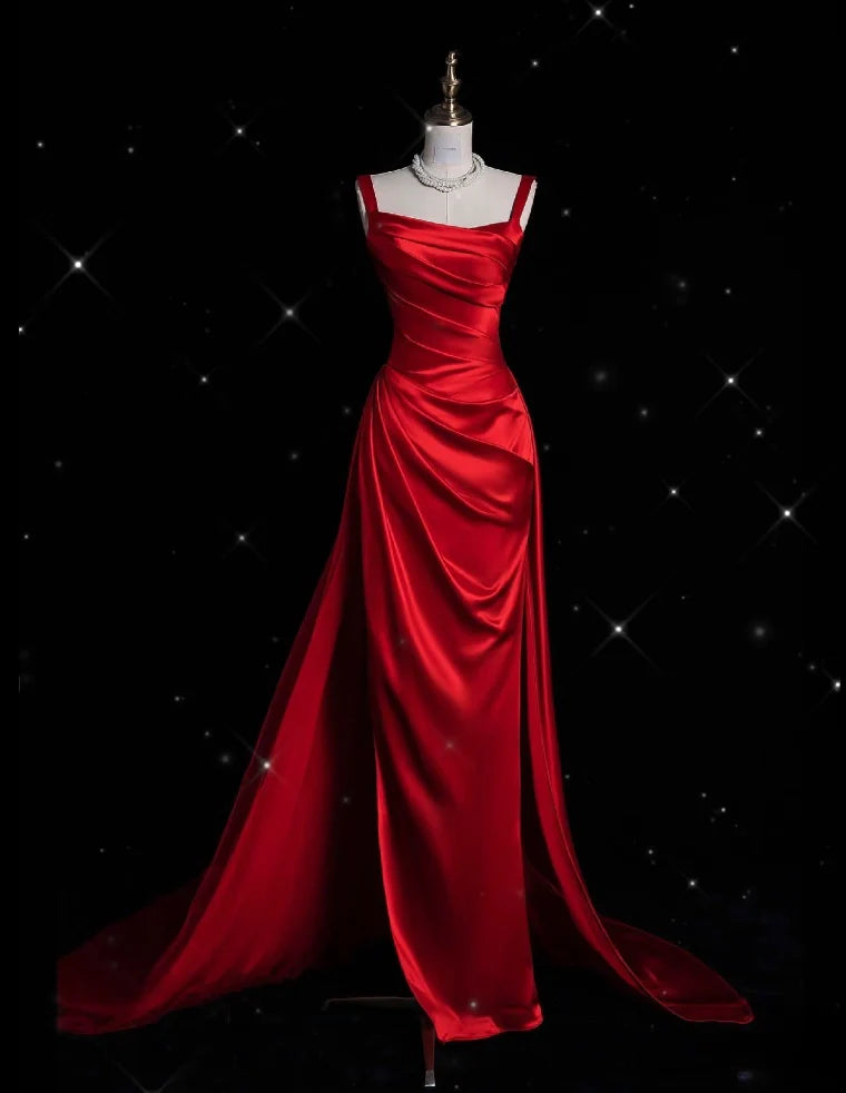 Dramatic Mermaid Square-Neck Draped Ruby Red Satin Long Prom Dresses