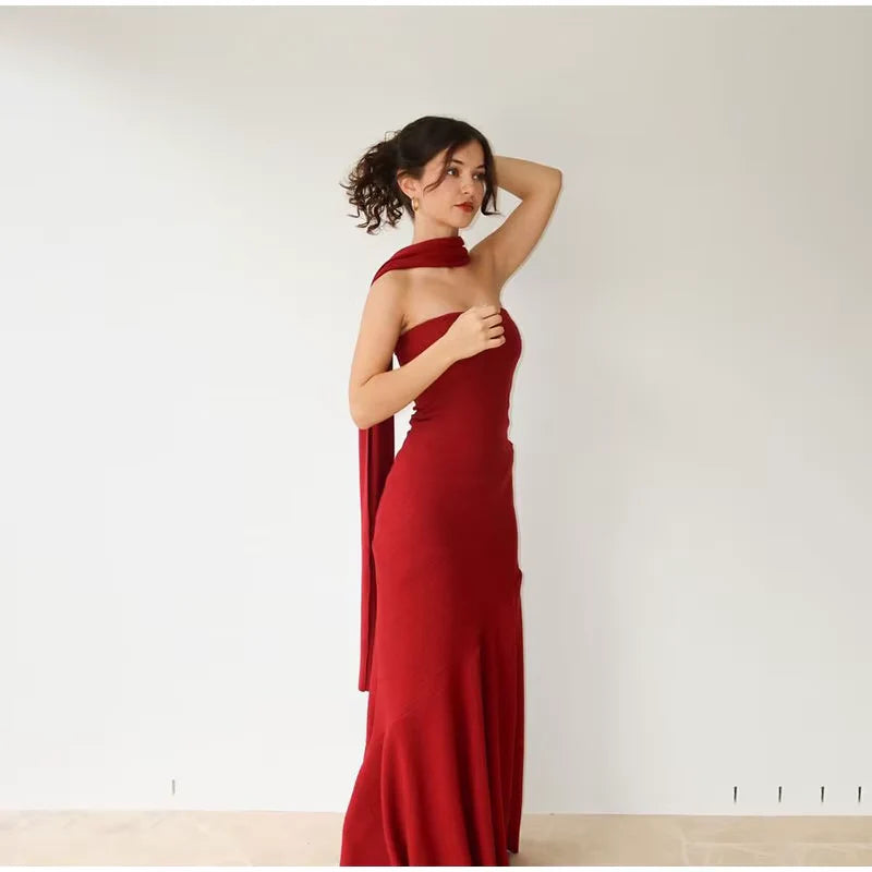 Elegant Mermaid Halter-Neck Drape-Detailed Burgundy Knit Evening Dresses