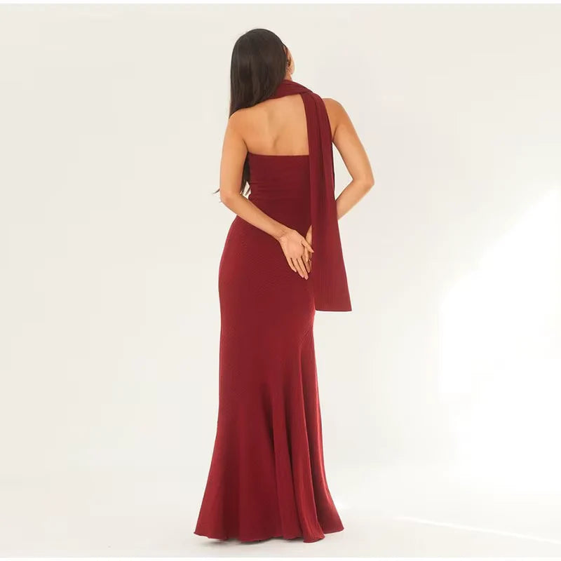 Elegant Mermaid Halter-Neck Drape-Detailed Burgundy Knit Evening Dresses