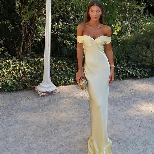 Elegant Mermaid Off-Shoulder Draped Butter Yellow Satin Long Prom Dresses