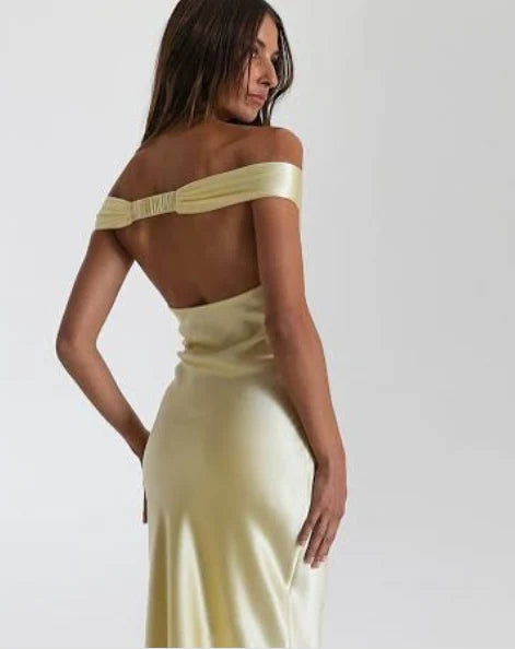 Elegant Mermaid Off-Shoulder Draped Butter Yellow Satin Long Prom Dresses