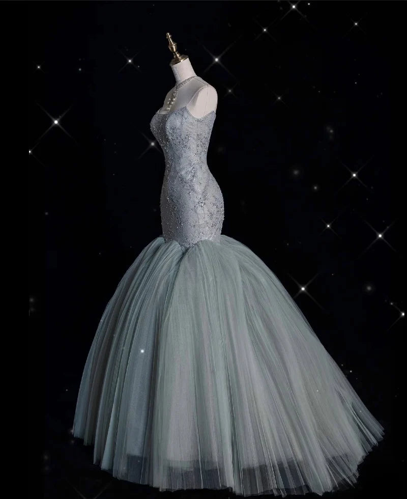 Enchanting Mermaid Strapless  Beaded Dusty Blue Tulle Long Prom Dresses
