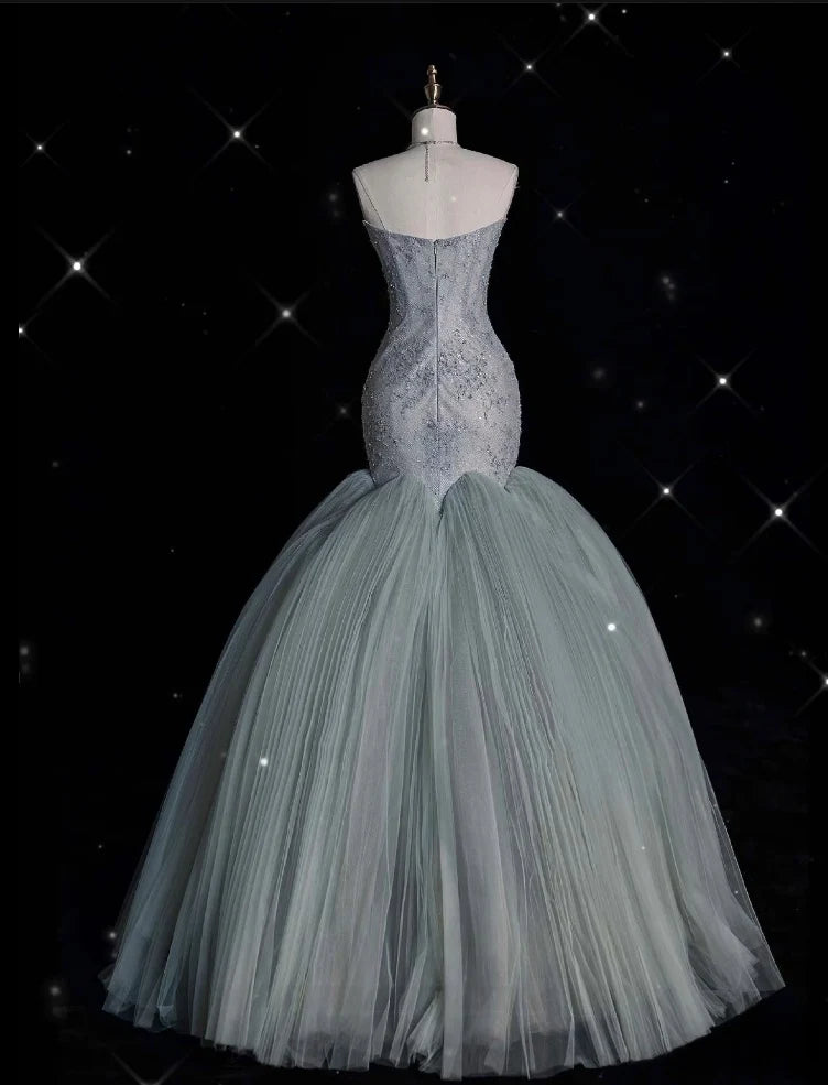 Enchanting Mermaid Strapless  Beaded Dusty Blue Tulle Long Prom Dresses