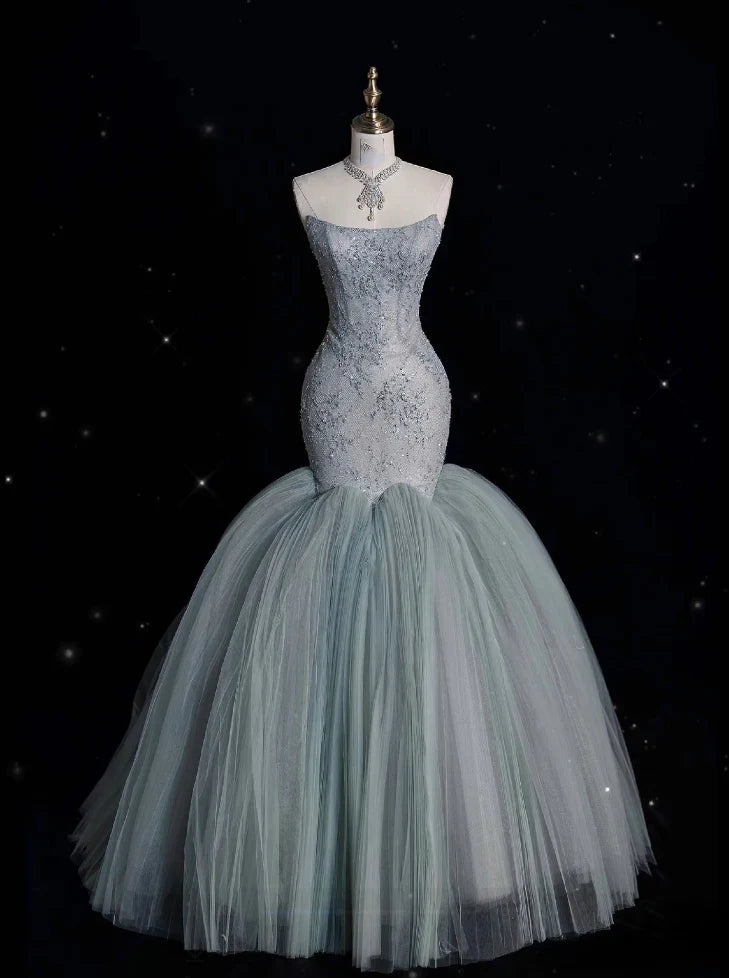 Enchanting Mermaid Strapless  Beaded Dusty Blue Tulle Long Prom Dresses