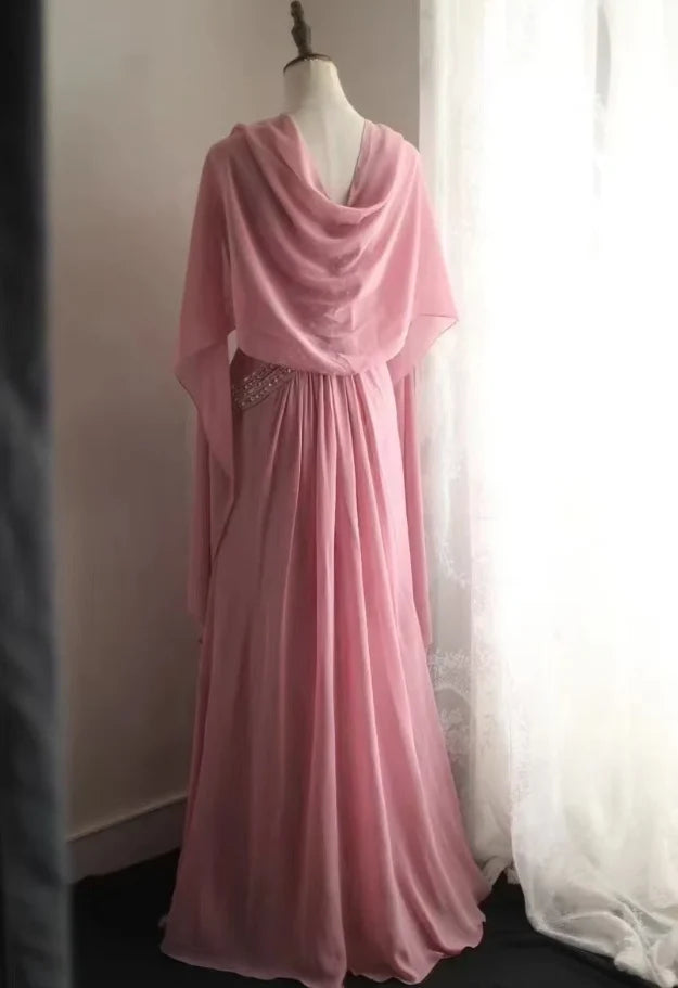 Ethereal A-Line Asymmetric-Neck Beaded Blush Pink Chiffon Evening Dresses