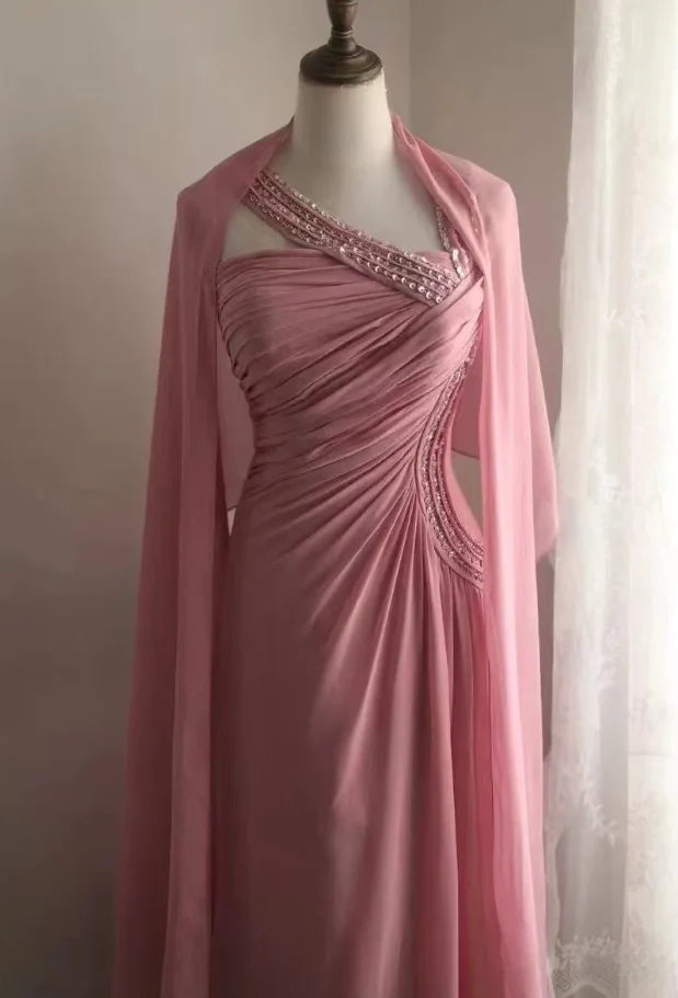 Ethereal A-Line Asymmetric-Neck Beaded Blush Pink Chiffon Evening Dresses