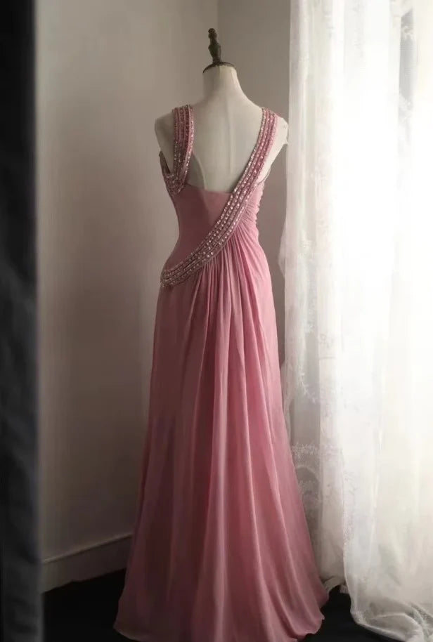 Ethereal A-Line Asymmetric-Neck Beaded Blush Pink Chiffon Evening Dresses