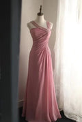 Ethereal A-Line Asymmetric-Neck Beaded Blush Pink Chiffon Evening Dresses