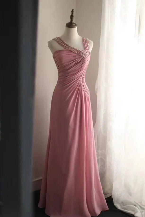 Ethereal A-Line Asymmetric-Neck Beaded Blush Pink Chiffon Evening Dresses