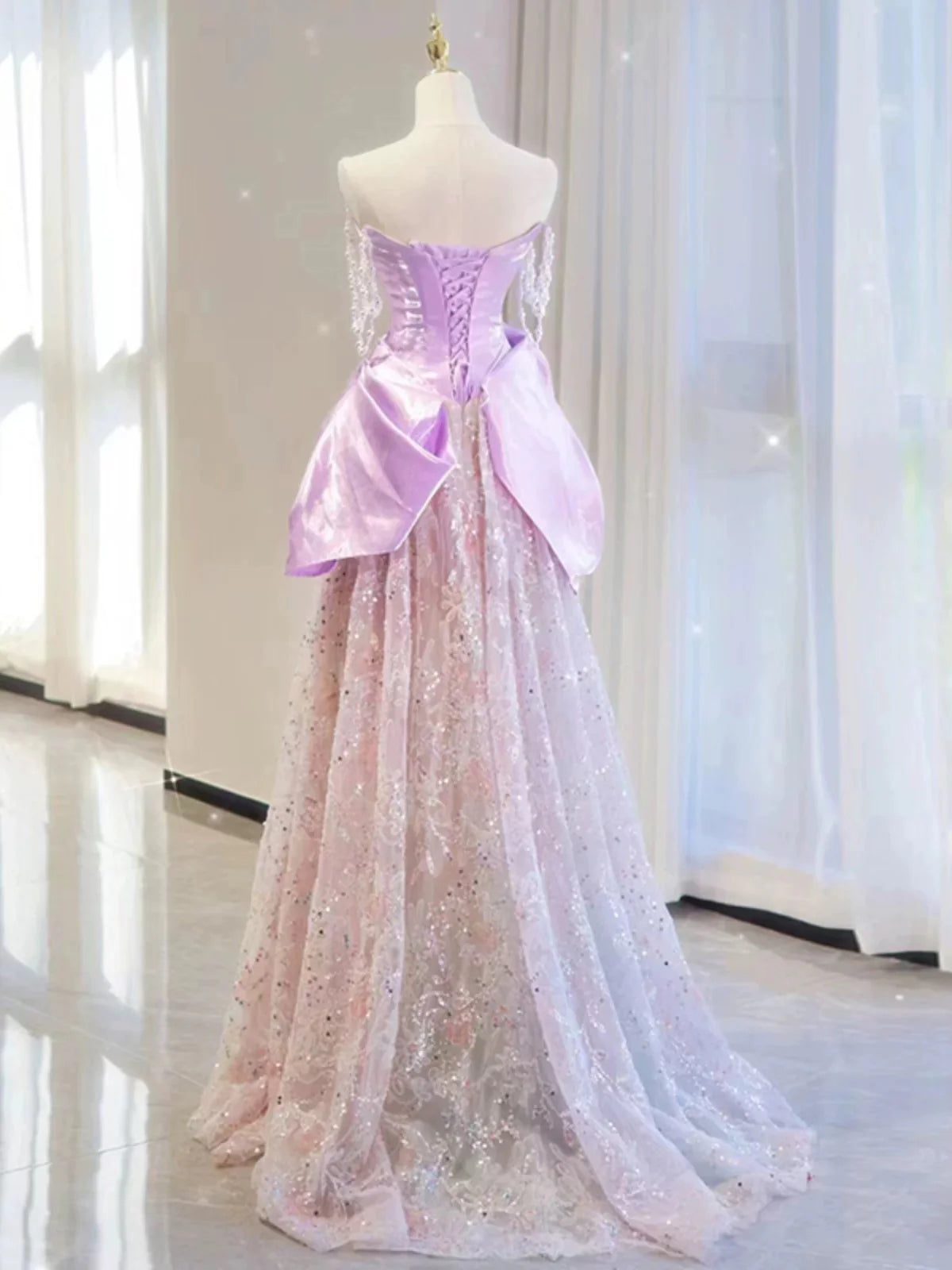 Fairy-Tale A-Line Strapless Bow-Detailed Lilac & Blush Sequin Party Dresses