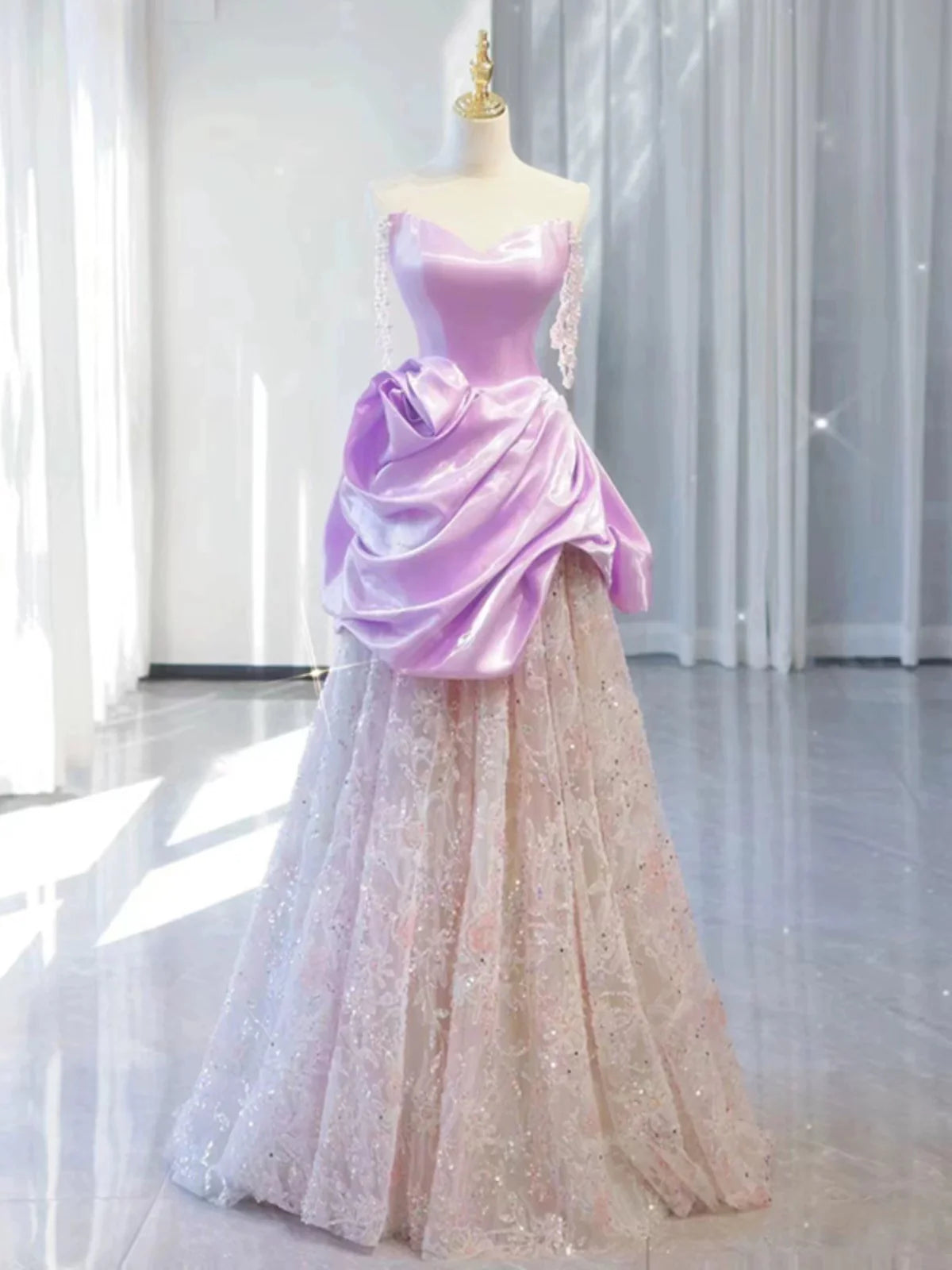Fairy-Tale A-Line Strapless Bow-Detailed Lilac & Blush Sequin Party Dresses