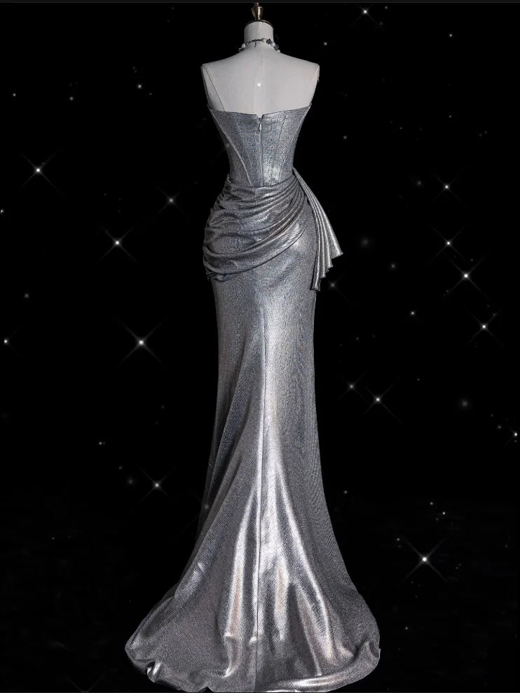 Glamorous Mermaid Square-Neck Draped Silver Metallic Long Prom Dresses