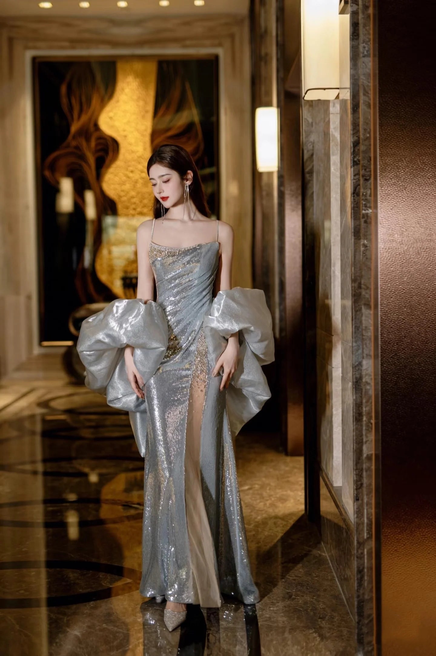 Glamorous Mermaid Square-Neck Sequin Silver Metallic Long Evening Dresses