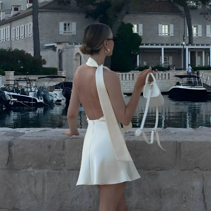 Chic Fitted Halter Neck Sleeveless Open Back Ivory Mini Prom Dress