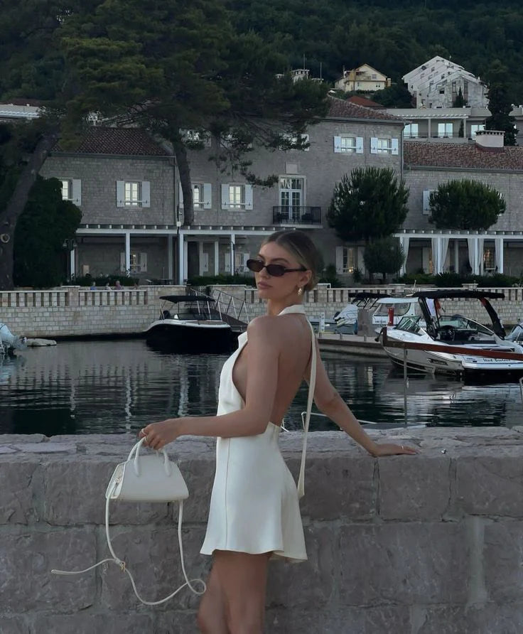 Chic Fitted Halter Neck Sleeveless Open Back Ivory Mini Prom Dress