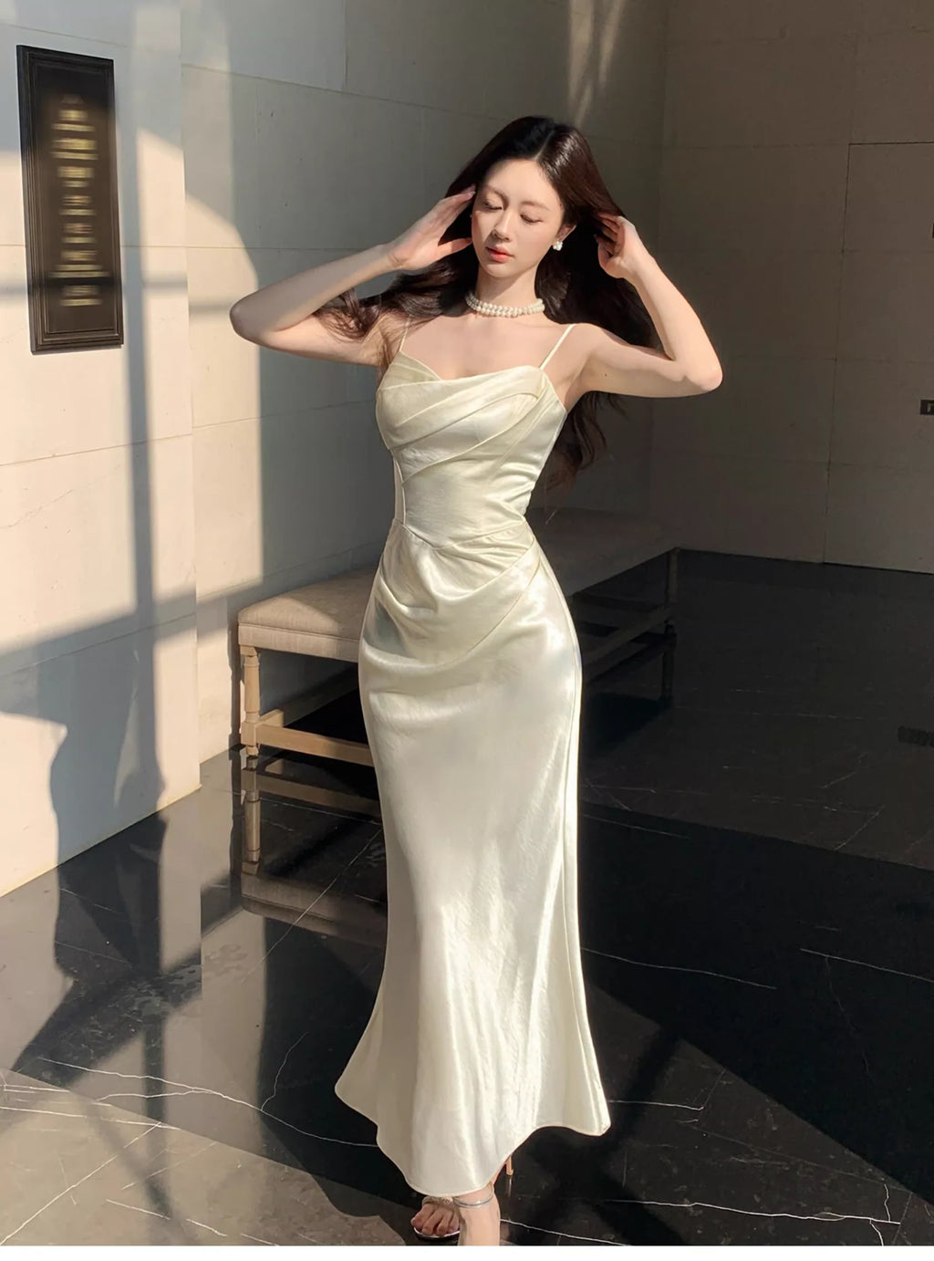 Lustrous Mermaid Cowl-Neck Ruched Ivory Satin Long Prom Dresses