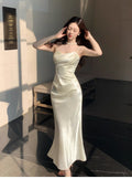 Lustrous Mermaid Cowl-Neck Ruched Ivory Satin Long Prom Dresses