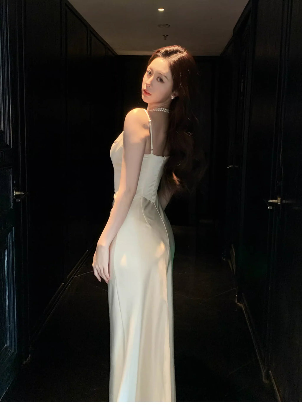 Lustrous Mermaid Cowl-Neck Ruched Ivory Satin Long Prom Dresses